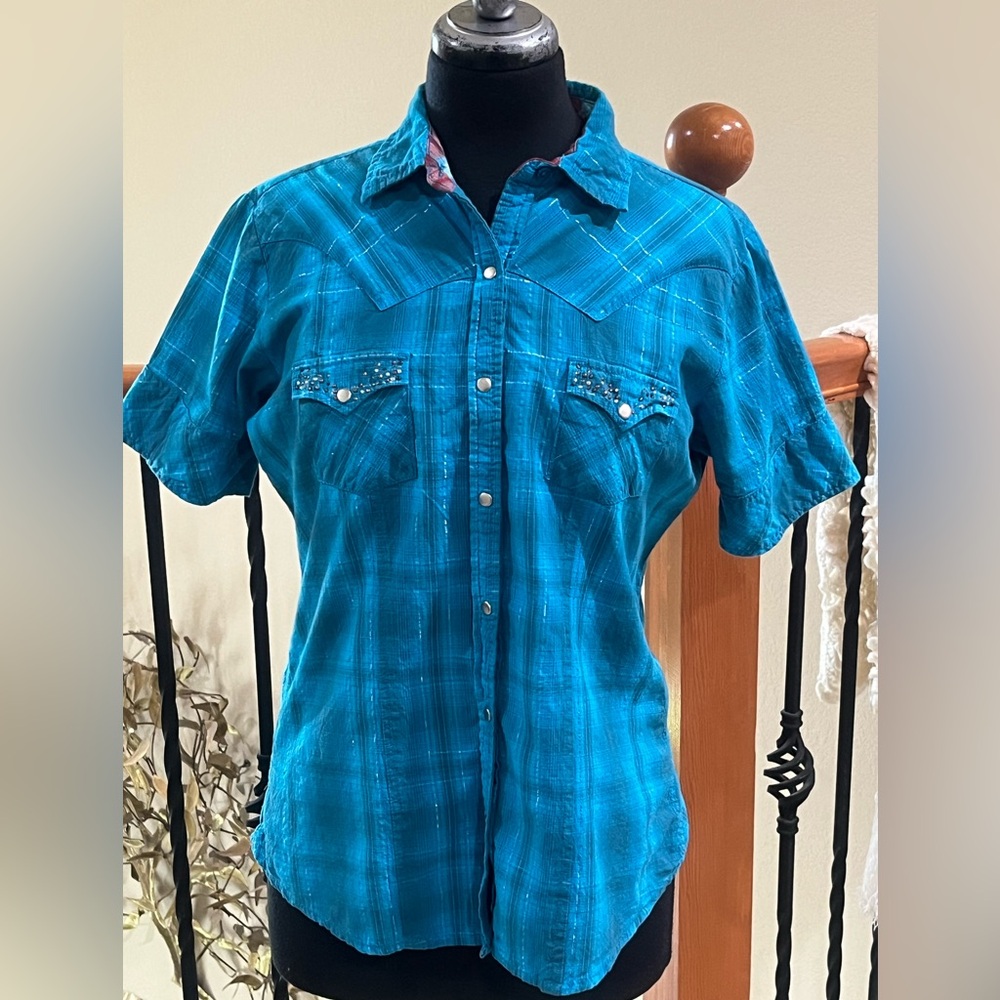 PANHANDLE SLIM Turquoise SHORT SLEEVE Plaid Snap-Front Western Shirt GIRL SIZE M - Picture 3 of 11